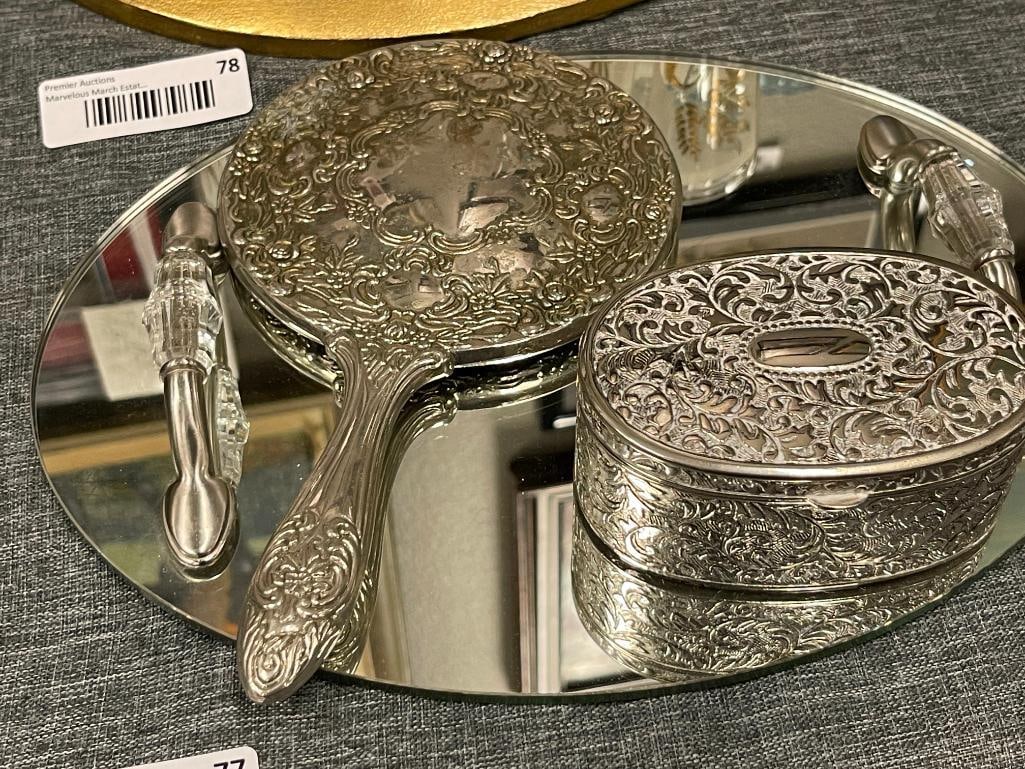 MIRRORED VANITY TRAY WITH VINTAGE VANITY MIRROR AND JEWELRY BOX WITH PAIR OF CLIP-ON EARRINGS - 2