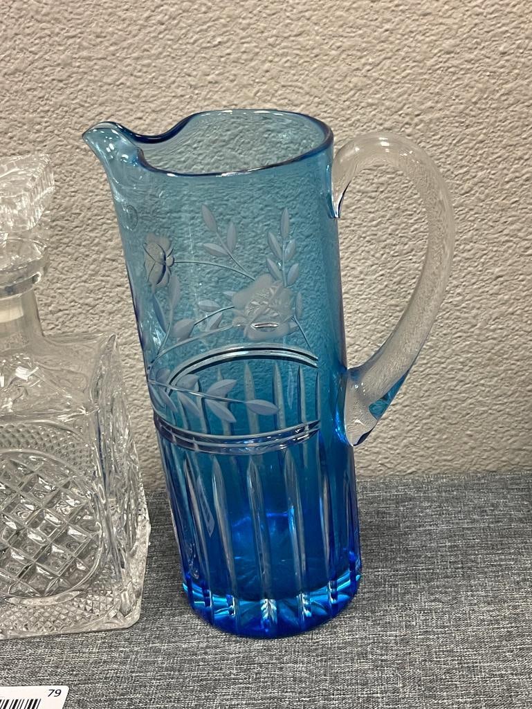 HOBSTAR GREEN GLASS COVERED BUTTER DISH, CRYSTAL DECANTER, AND ETCHED BLUE GLASS PITCHER - 2