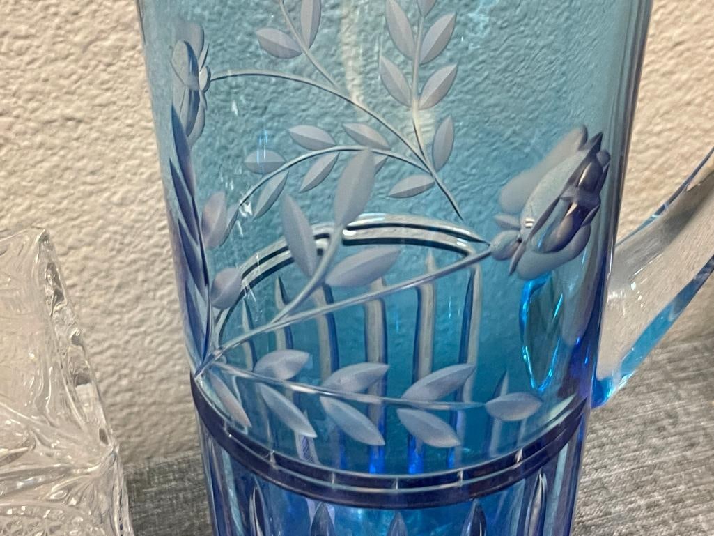 HOBSTAR GREEN GLASS COVERED BUTTER DISH, CRYSTAL DECANTER, AND ETCHED BLUE GLASS PITCHER - 3