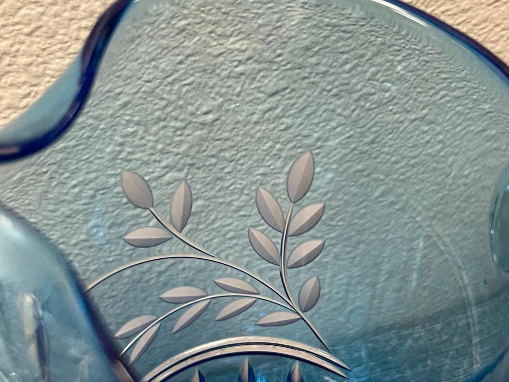 HOBSTAR GREEN GLASS COVERED BUTTER DISH, CRYSTAL DECANTER, AND ETCHED BLUE GLASS PITCHER - 4