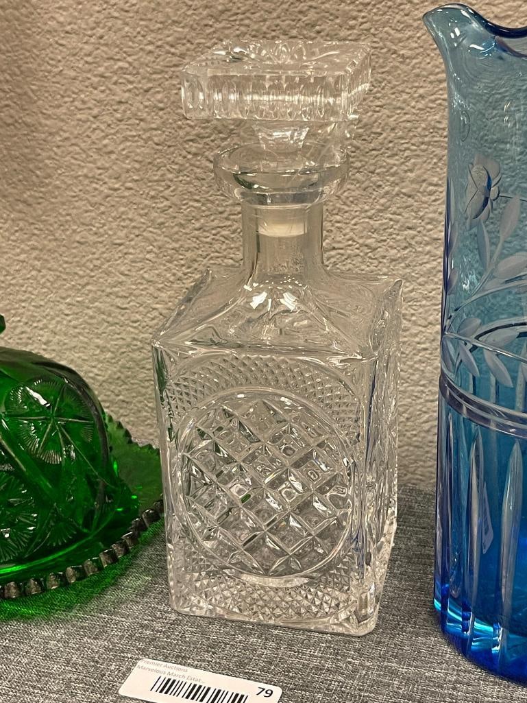 HOBSTAR GREEN GLASS COVERED BUTTER DISH, CRYSTAL DECANTER, AND ETCHED BLUE GLASS PITCHER - 5