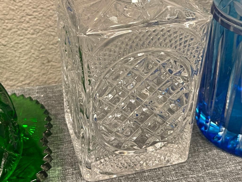 HOBSTAR GREEN GLASS COVERED BUTTER DISH, CRYSTAL DECANTER, AND ETCHED BLUE GLASS PITCHER - 6