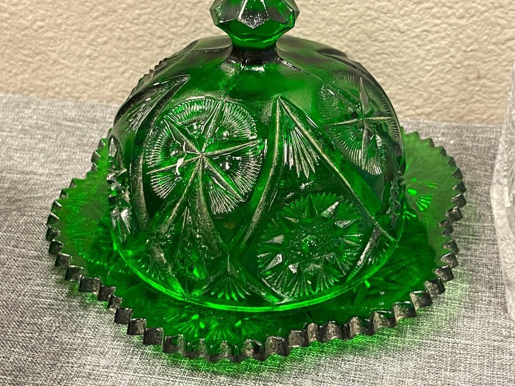 HOBSTAR GREEN GLASS COVERED BUTTER DISH, CRYSTAL DECANTER, AND ETCHED BLUE GLASS PITCHER - 7