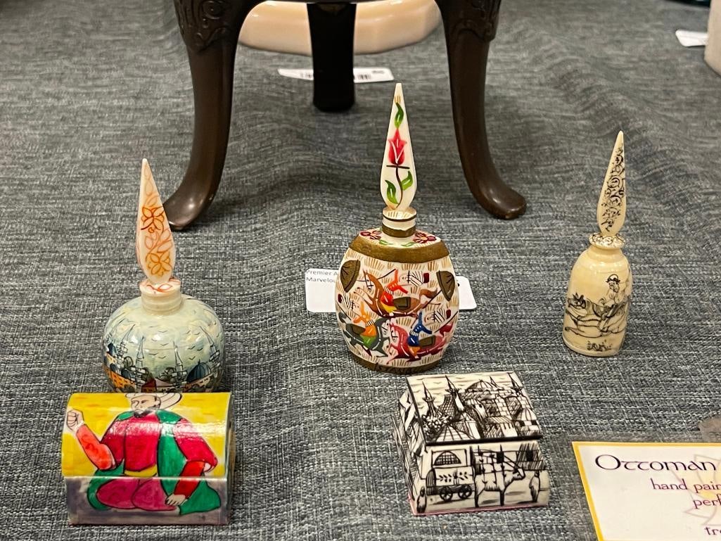 LATE 20TH CENTURY HAND CRAFTED CAMEL BONE TRINKET BOXES AND ISTANBUL / TURKISH PERFUME BOTTLES - 2