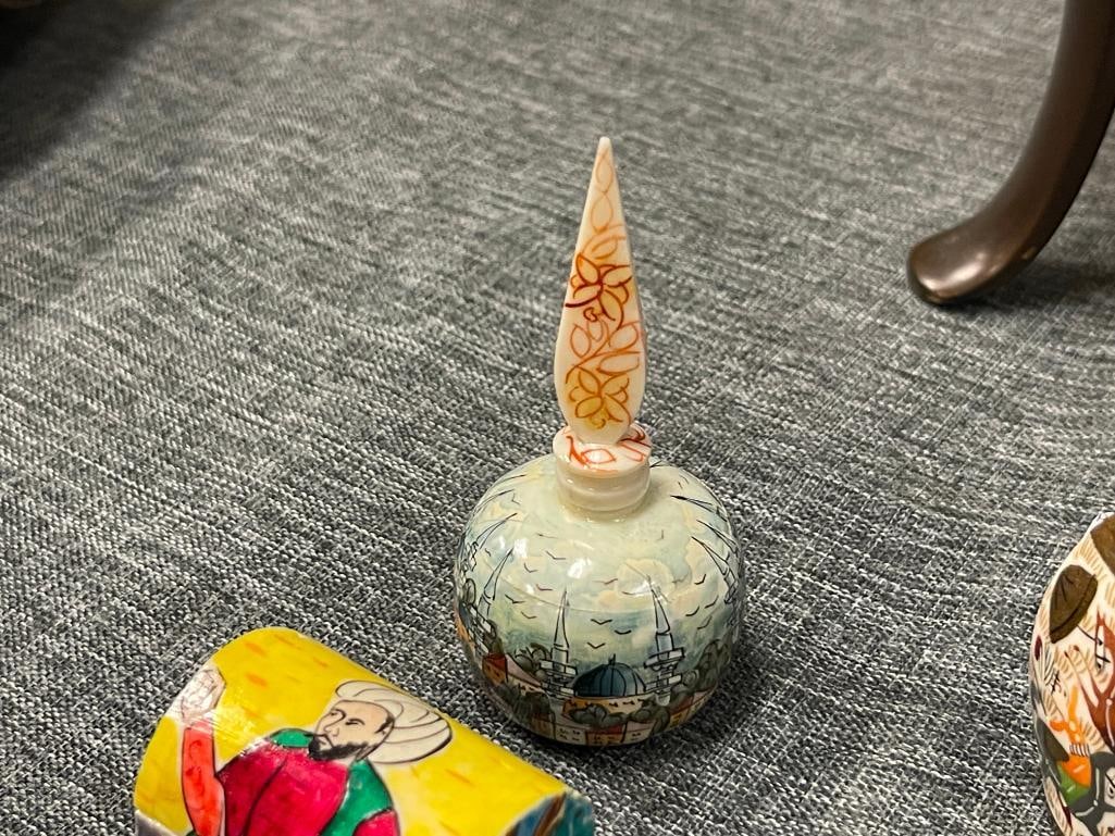 LATE 20TH CENTURY HAND CRAFTED CAMEL BONE TRINKET BOXES AND ISTANBUL / TURKISH PERFUME BOTTLES - 5