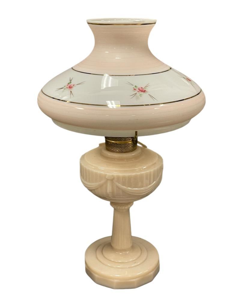 VINTAGE 1940'S LINCOLN DRAPE TALL ELECTRIFIED CUSTARD GLASS OIL LAMP WITH SHADE: INCLUDES PINK AND WHITE HAND PAINTED AND GILDED SHADE, TESTED + 19" H