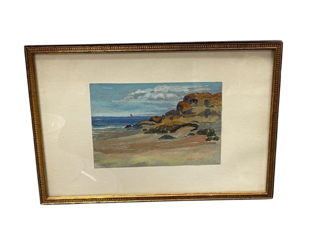 VIRGINIA HELENA GRUPPE AMERICAN ARTIST ORIGINAL MINIATURE WATERCOLOR ON PAPER: VIRGINIA HELENA GRUPPE (1907-1980) WAS KNOWN FOR HER WATERCOLORS OF LANDSCAPES AND COASTAL / MARINE PAINTINGS, ART DEPICTS LANDSCAPE OF A BEACH LOOKING TOWARD THE OCEAN, SIGNED LOWER RIGHT, FRAMED 10