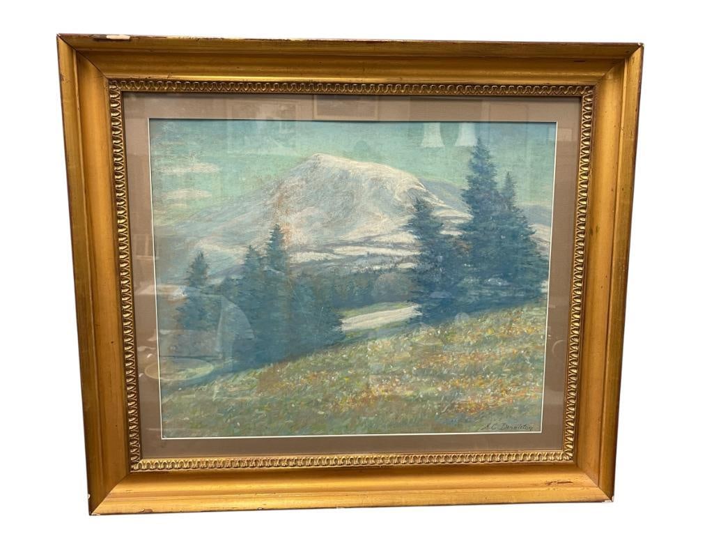 A.C. DENNISTON ORIGINAL PASTEL ON PAPER PLEIN AIR LANDSCAPE PAINTING: ART DEPICTS LANDSCAPE WITH PINE TREES AND MOUNTAINS IN THE BACKGROUND, SIGNED ON THE BOTTOM RIGHT, FRAMED 28" X 24" FRAME 