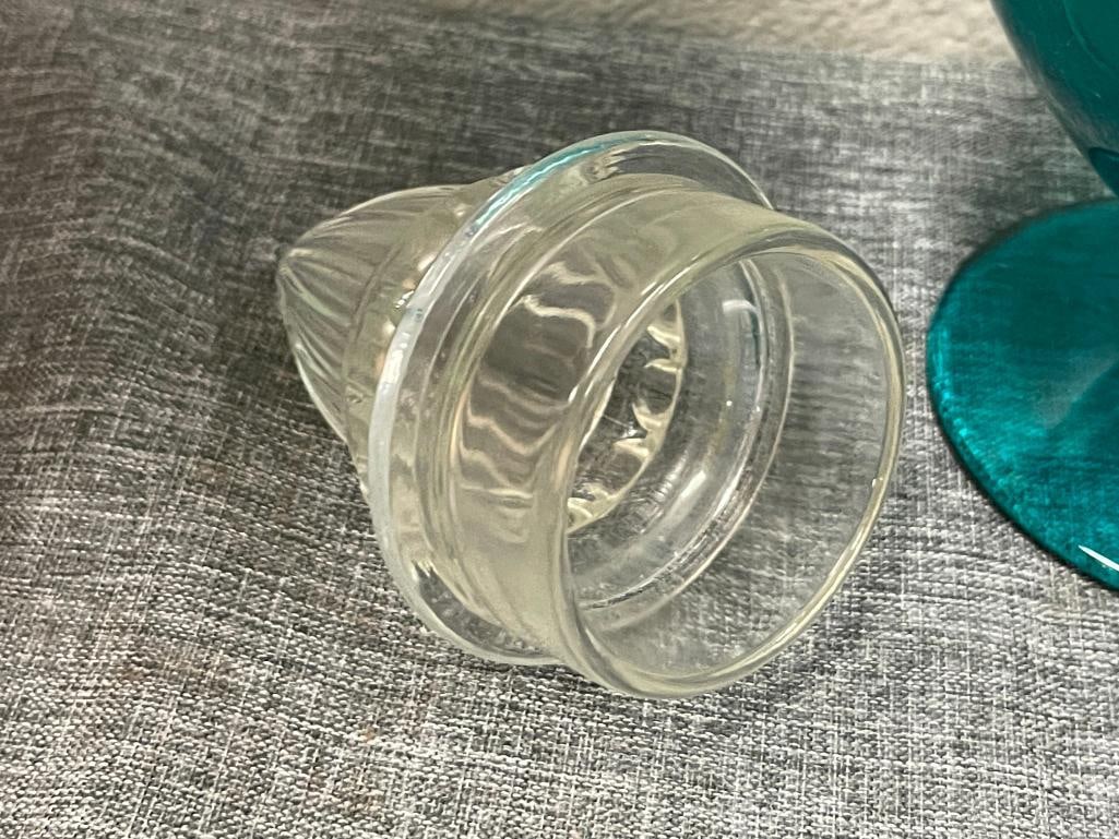 PRE-1930'S TIFFIN DAKOTA GLASS TURQUOISE AND CLEAR APOTHECARY JAR CATHEDRAL SHAPE TOP - 4