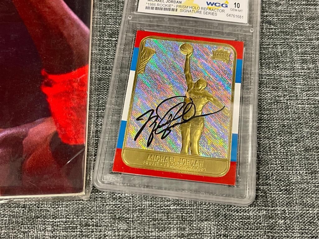 MICHAEL JORDAN BECKET BASKETBALL 1990 MAGAZINE AND 1998 FLEER 23KT PRISM HOLO SIGNATURE CARD GRADED - 3