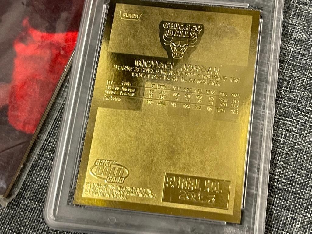 MICHAEL JORDAN BECKET BASKETBALL 1990 MAGAZINE AND 1998 FLEER 23KT PRISM HOLO SIGNATURE CARD GRADED - 7