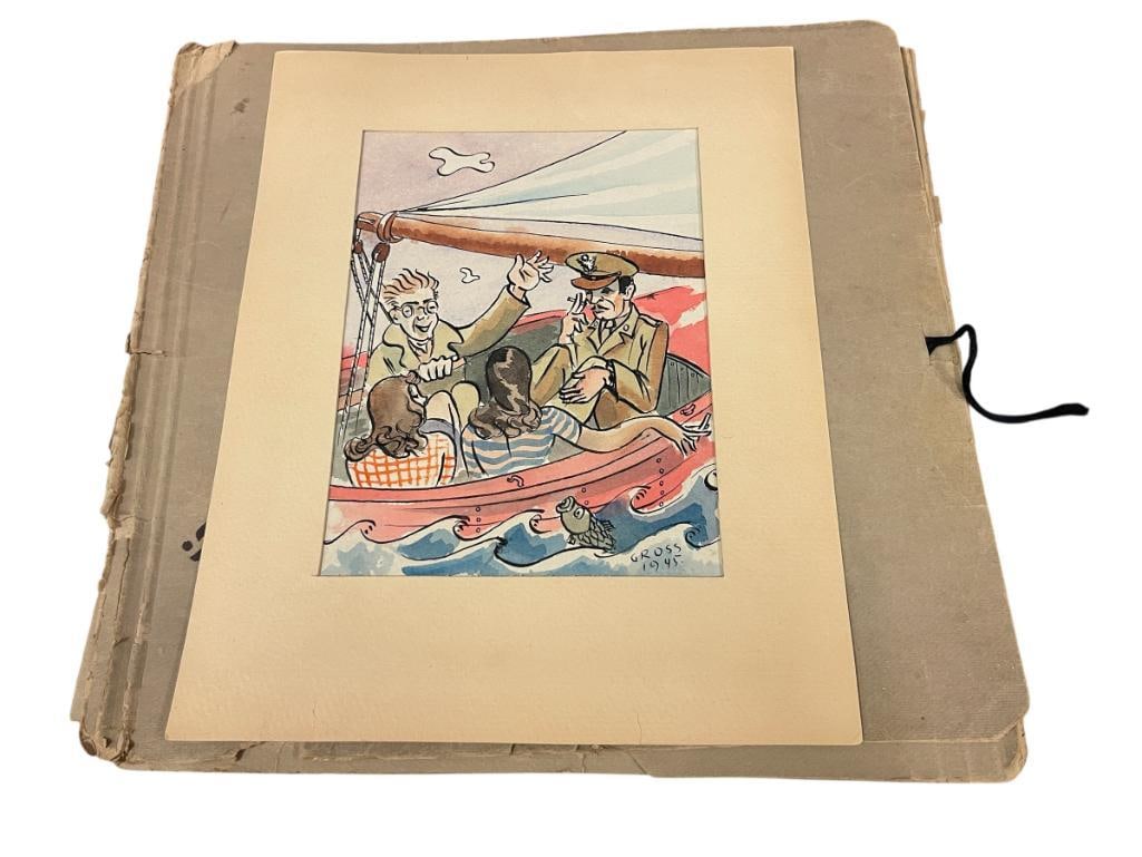ANTHONY GROSS WWII PROMINENT BRITISH OFFICIAL WAR ARTIST ORIGINAL WATERCOLOR AND INK: ANTHONY GROSS (1905-1984) WAS A PROMINENT ARTIST DURING WWII, ART DEPICTS A MOMENT OF LEISURE AFTER WWII WITH WOMAN AND NAZI OFFICERS IN A SMALL SAILBOAT, SIGNED LOWER RIGHT DATED 1945, WITH ORIGINAL