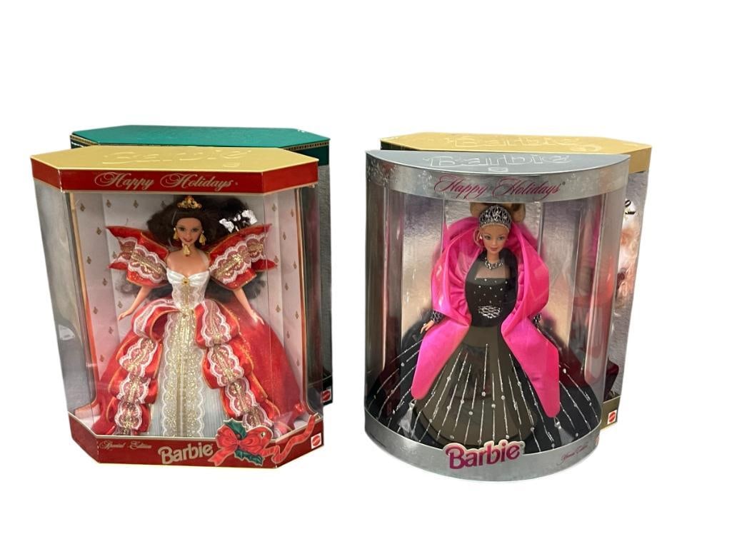 1994, 1996, 1997, 1998 BARBIE HOLIDAY DOLLS BY MATTEL NO. 15646, 20200, 12155, AND 17832: ONE DOLL HAAS BEEN REMOVED FROM THE PACKAGE, OTHER THREE DOLLS DO NOT APPEAR HAVE BEEN TAKEN OUT, BUT DO HAVE SOME LIGHT WEAR