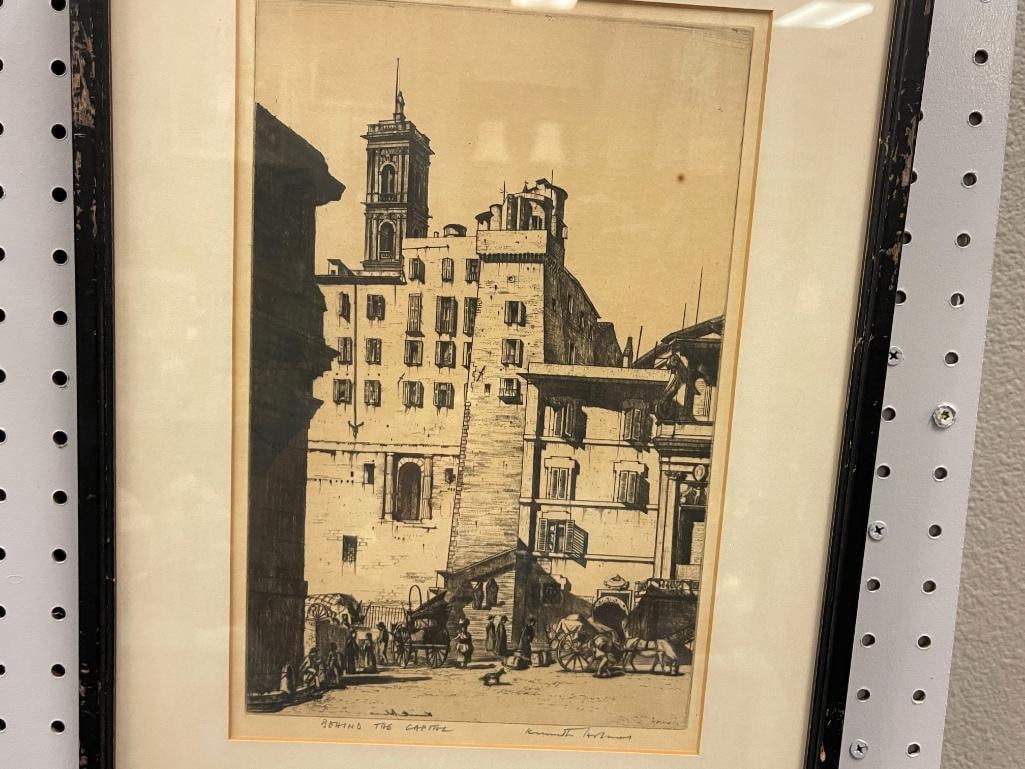 KENNETH HOLMES BRITISH ARTIST ETCHING TITLED BEHIND THE CAPITAL - 2