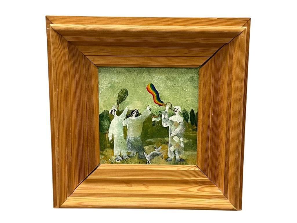 HAROLD BILSON ICELANDIC ARTIST ORIGINAL OIL ON MASONITE BOARD WHIMSICAL PAINTING: ART DEPICTS WHIMSICAL SCENE OF THREE FIGURES AND A RAINBOW, SIGNED LOWER RIGHT, FRAMED 11" X 11" FRAME