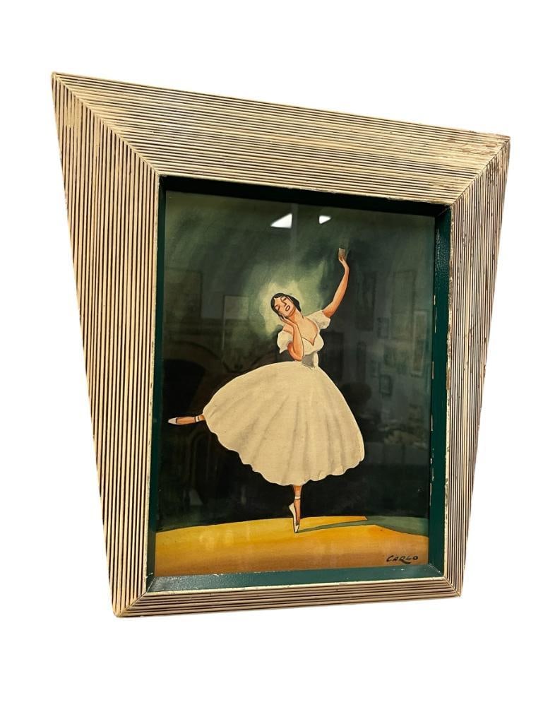 CARLO OF HOLLYWOOD MID-CENTURY ARTIST ORIGINAL WATERCOLOR ON PAPER: ART DEPICT FEMALE DANCER IN ASSYMETRICAL FRAME, SIGNED LOWER RIGHT 18 1/2" X 18 1/2"