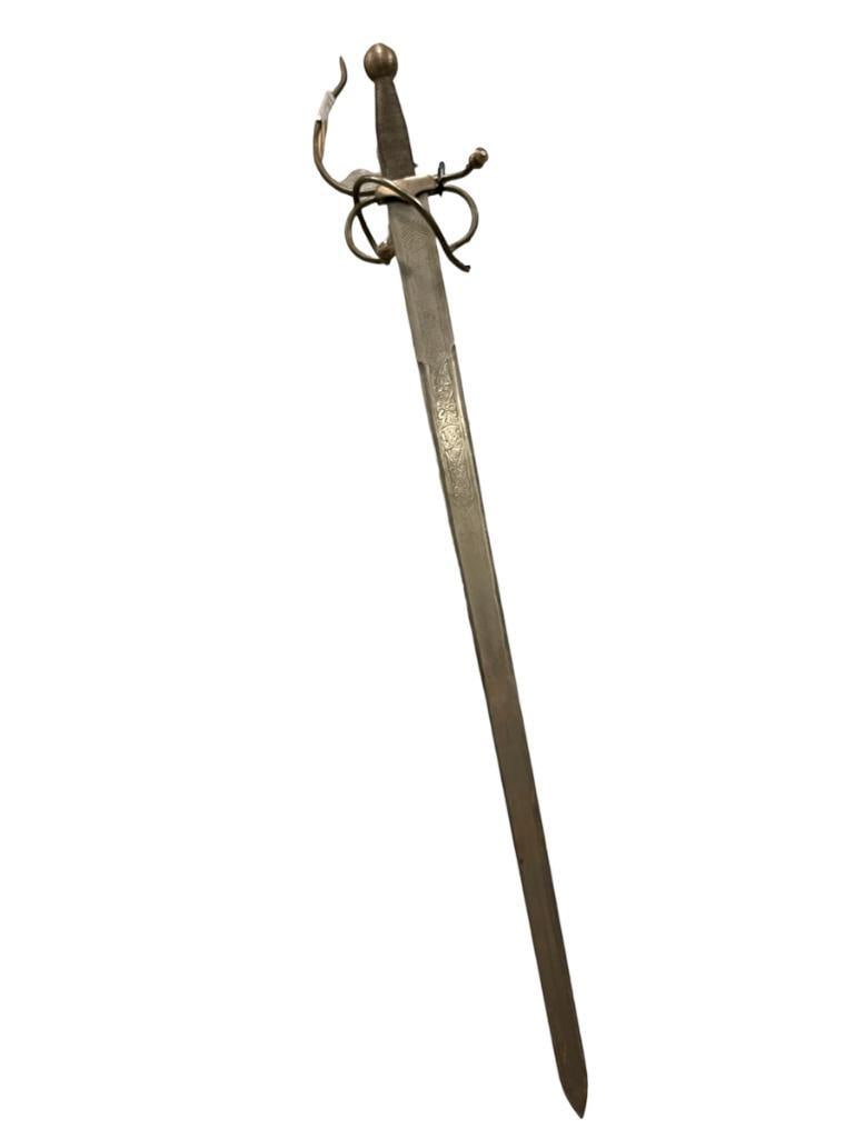 ESPANA COLADA DEL CID TOLEDO, SPAIN RAPIER SWORD: ROPE STYLE WRAPPED HANDLE WITH DECORATIVE GUARD, FINELY ETCHED BLADE ON BOTH SIDES 39 1/2" L