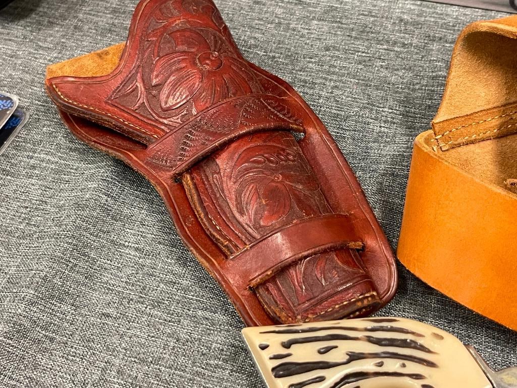 PAIR OF 1950'S - 1960'S MATTEL TOY MAKERS FANNER 50 WESTERN REVOLVER CAP GUNS WITH LARGE STAG GRIPS - 11