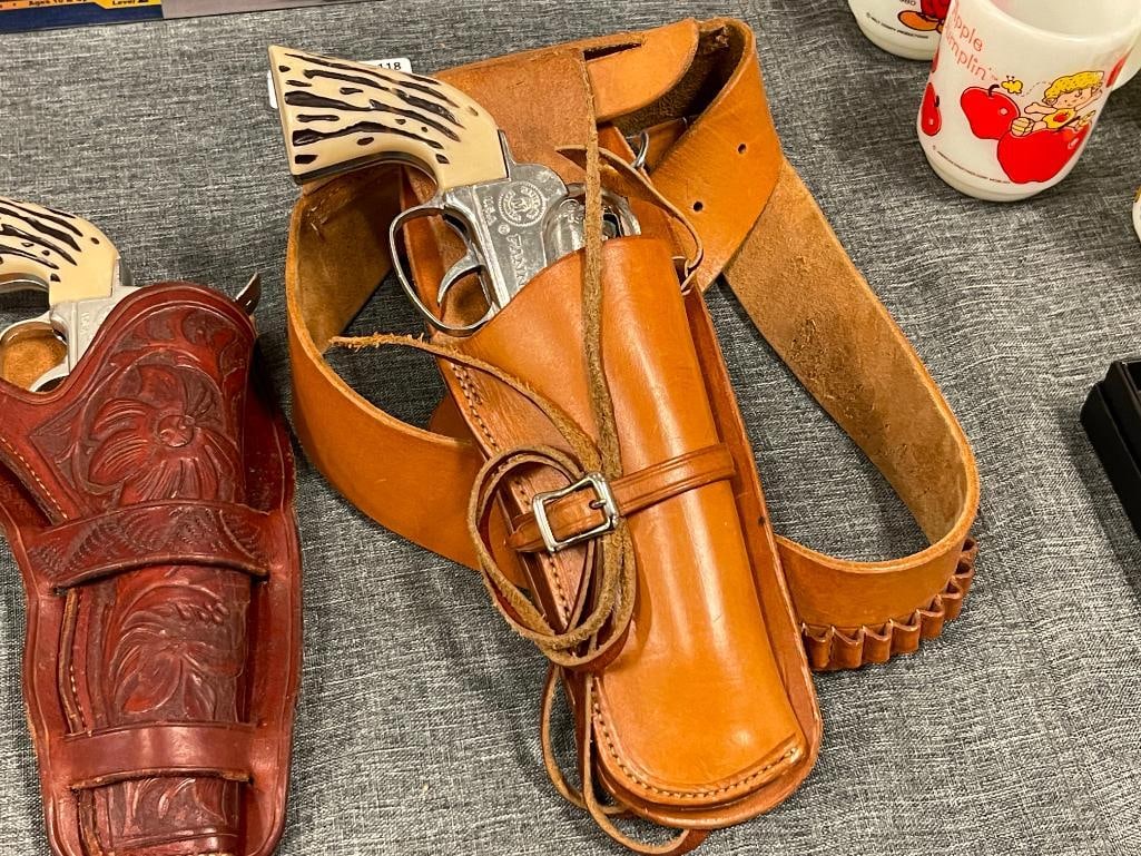 PAIR OF 1950'S - 1960'S MATTEL TOY MAKERS FANNER 50 WESTERN REVOLVER CAP GUNS WITH LARGE STAG GRIPS - 2