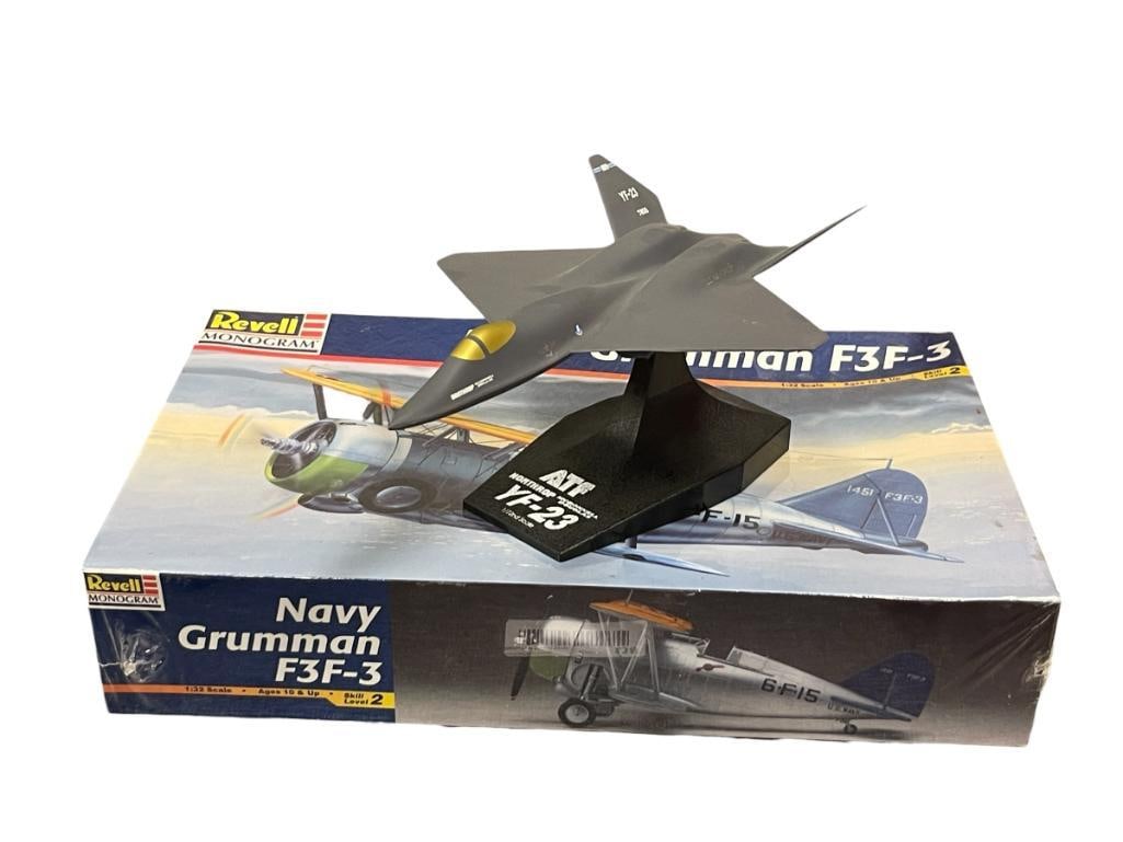 REVELL MONOGRAM NAVY GRUMMAN F3F-3 1/32 PLASTIC SCALE MODEL AND 1/72 YF-23 MODEL WITH STAND: REVELL MODEL IS UNASSEMBLED, FACTORY SEALED