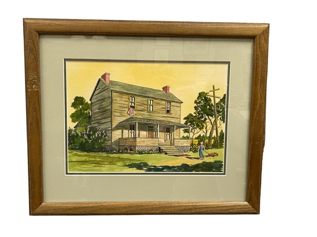 THELMA DAVIS CALHOUN OHIO BORN CARSON CITY, NEVADA ARTIST ORIGINAL WATERCOLOR: THELMA CALHOUN (1913-1998) FORMER CARSON CITY, NV COUNCIL WOMAN AND ARTIST, ORIGINAL WATERCOLOR, ART DEPICTS YOUNG BOY WITH RED WAGON WALKING IN FRONT OF AN EARLY AMERICAN HOME SURROUNDED BY MATURE TR