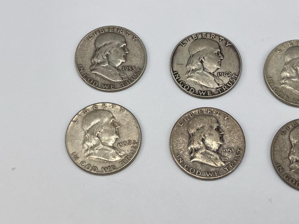 EIGHT U.S. FRANKLIN SILVER HALF DOLLARS FEATURING VARIOUS DATES AND MINT MARKS - 2