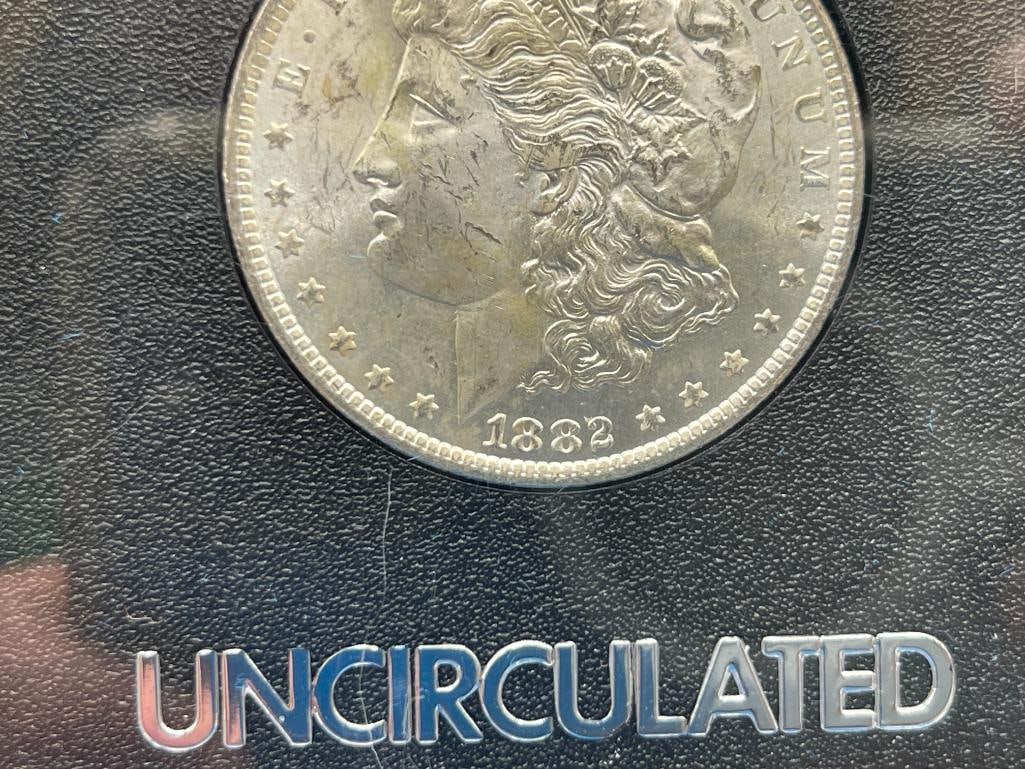 1882-CC UNCIRCULATED U.S. MORGAN SILVER DOLLAR IN GSA HOARD BLACK AND BLUE CASE WITH CERTIFICATE - 5