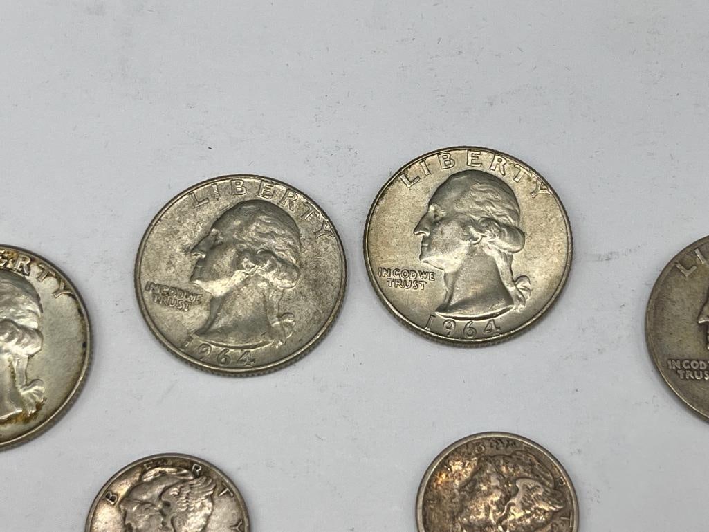 SIX 90% SILVER U.S. COINS INCLUDING FOUR WASHINGTON QUARTERS AND TWO MERCURY DIMES - 2