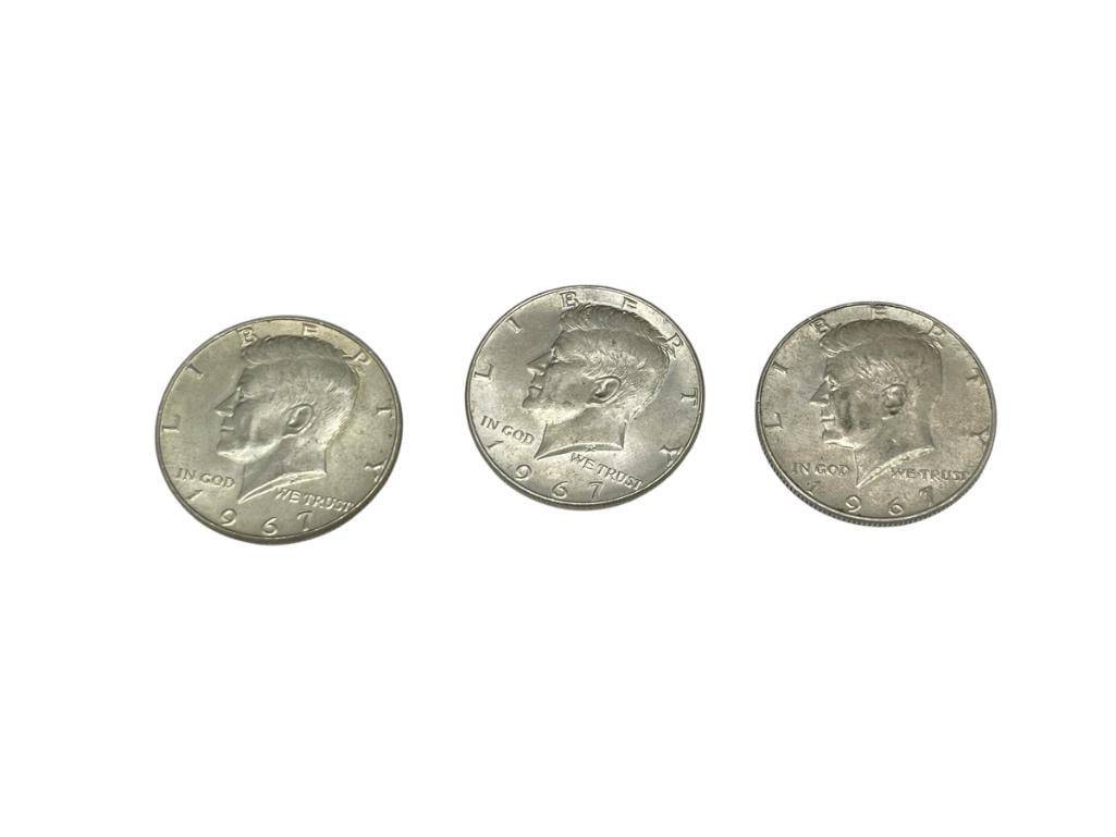 THREE 1967 U.S. KENNEDY SILVER HALF DOLLARS: 40% SILVER