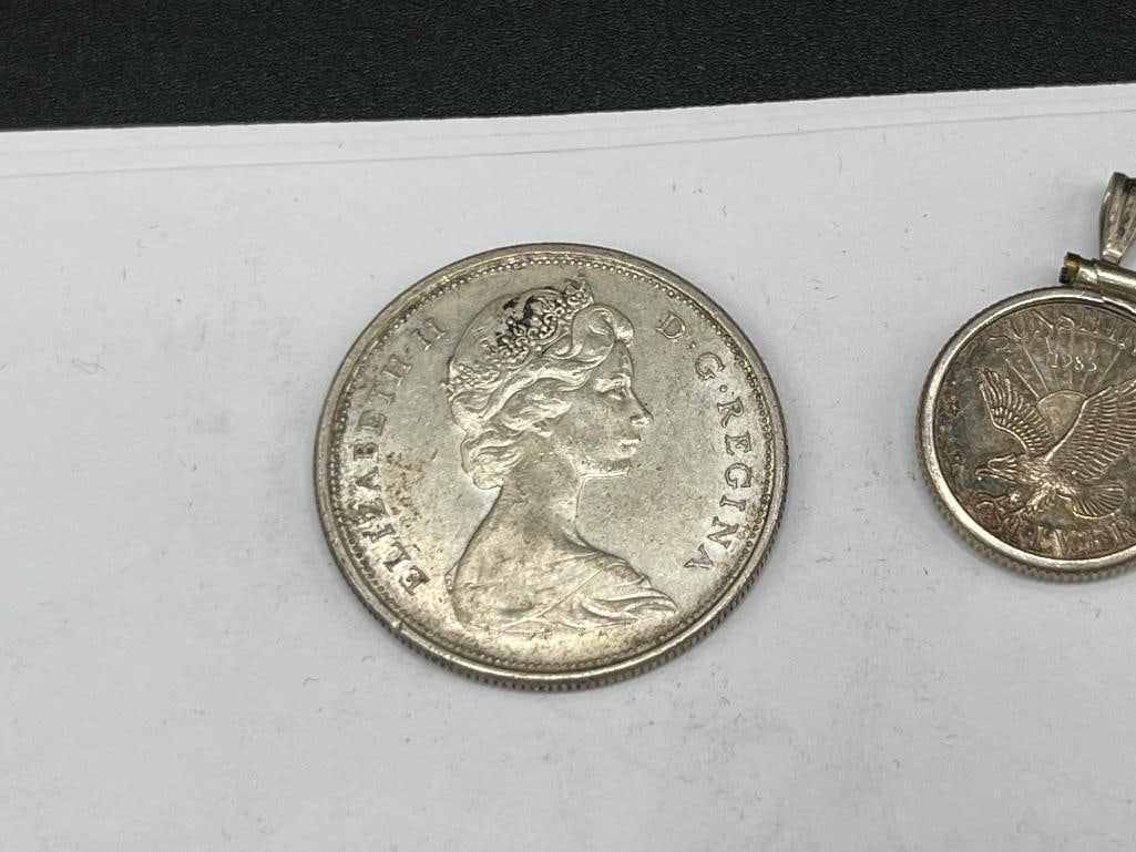 1966 CANADA SILVER HALF DOLLAR AND SUNSHINE MINT SILVER COIN IN BEZEL - 2