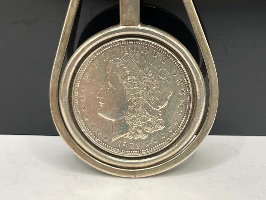 1921 U.S. MORGAN SILVER DOLLAR ENCASED IN TEXAS MADE JCM .950 STERLING MONEY CLIP - 2