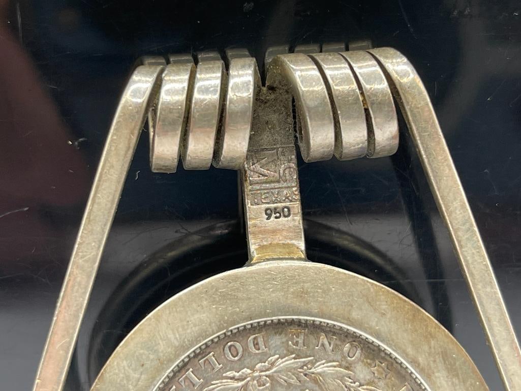 1921 U.S. MORGAN SILVER DOLLAR ENCASED IN TEXAS MADE JCM .950 STERLING MONEY CLIP - 7