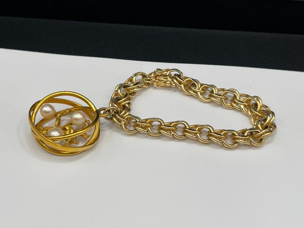 14K YELLOW GOLD LINK BRACELET FEATURING TREE OF LIFE CHARM WITH THREE PEARLS - 2