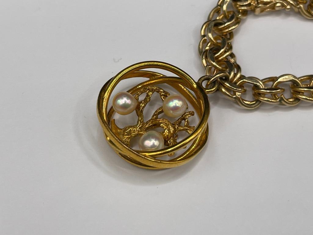 14K YELLOW GOLD LINK BRACELET FEATURING TREE OF LIFE CHARM WITH THREE PEARLS - 3