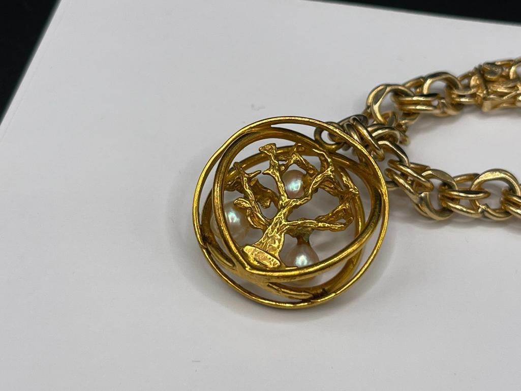 14K YELLOW GOLD LINK BRACELET FEATURING TREE OF LIFE CHARM WITH THREE PEARLS - 5
