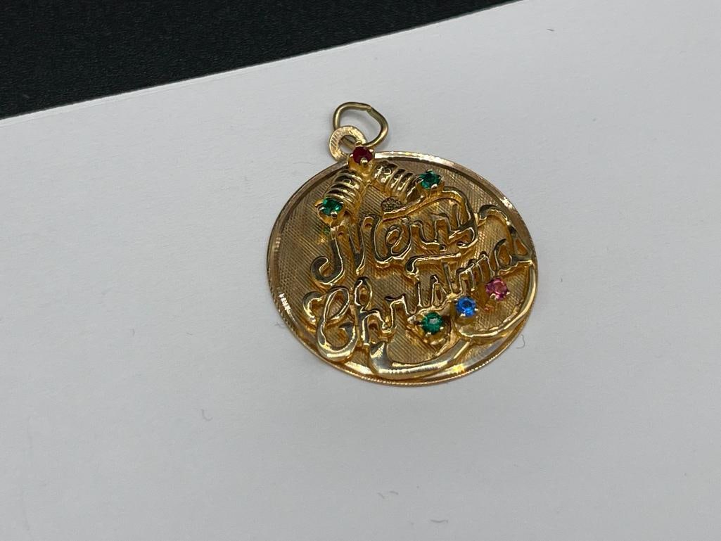 14K YELLOW GOLD "MERRY CHRISTMAS" CHARM / PENDANT FEATURING SIMULATED GEMSTONES - 2