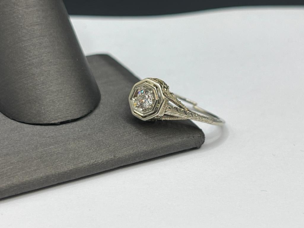 ANTIQUE 14K WHITE GOLD FILIGREE DIAMOND ENGAGEMENT RING - 3