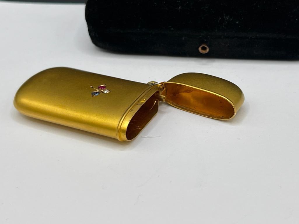VINTAGE 14K YELLOW GOLD DIAMOND, RUBY, AND SAPPHIRE ACCENTED MATCH SAFE IN CASE BY KRENKEL & BOSCH - 6