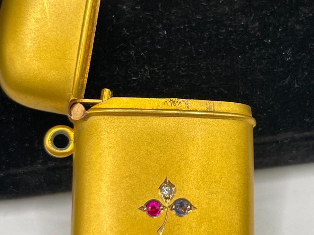 VINTAGE 14K YELLOW GOLD DIAMOND, RUBY, AND SAPPHIRE ACCENTED MATCH SAFE IN CASE BY KRENKEL & BOSCH - 7