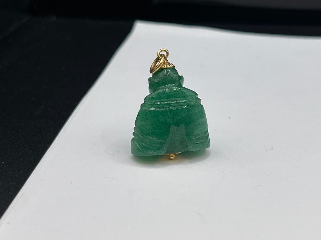 VINTAGE CARVED GREEN JADE BUDDHA AND 14K YELLOW GOLD ACCENTED CHARM / PENDANT - 3