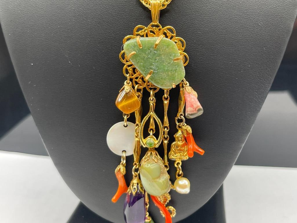 GOLD FILLED NECKLACE FEATURING STONE DANGLES INCLUDING JADE, CORAL, TIGER'S EYE, CORAL, AND MORE - 3