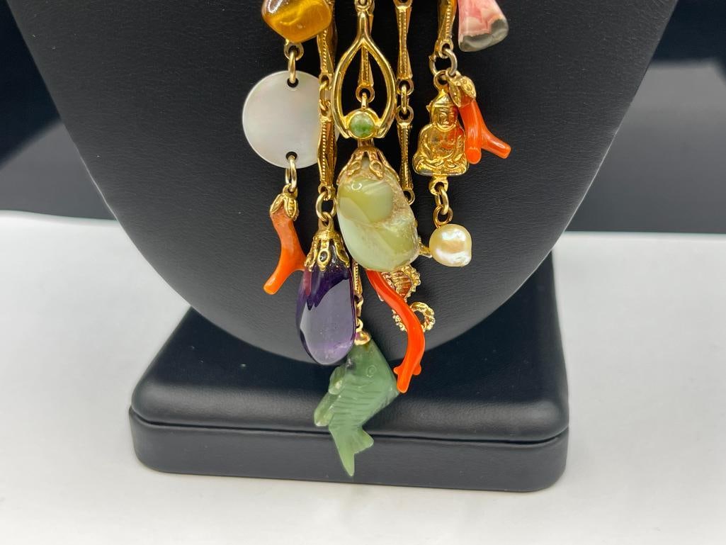GOLD FILLED NECKLACE FEATURING STONE DANGLES INCLUDING JADE, CORAL, TIGER'S EYE, CORAL, AND MORE - 4