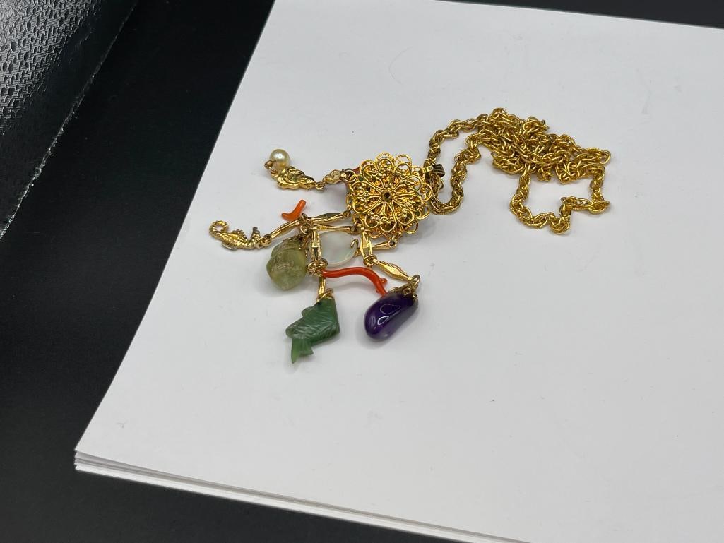 GOLD FILLED NECKLACE FEATURING STONE DANGLES INCLUDING JADE, CORAL, TIGER'S EYE, CORAL, AND MORE - 5