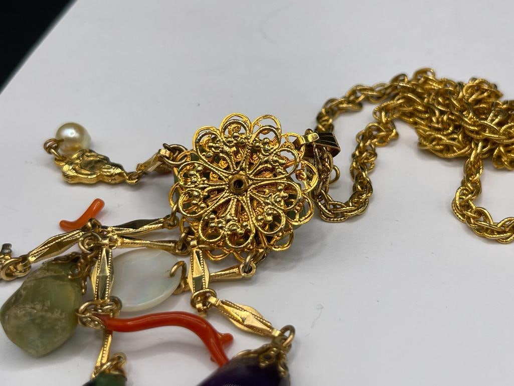 GOLD FILLED NECKLACE FEATURING STONE DANGLES INCLUDING JADE, CORAL, TIGER'S EYE, CORAL, AND MORE - 7