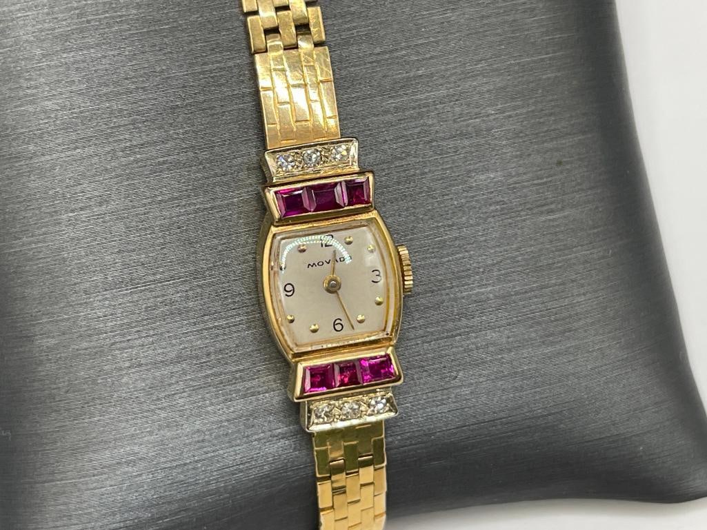 VINTAGE 14K YELLOW GOLD LADIES MOVADO WRISTWATCH FEATURING DIAMONDS AND RUBIES - 2