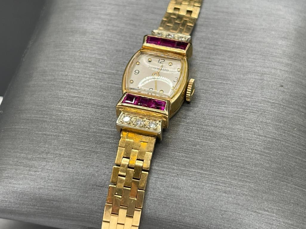 VINTAGE 14K YELLOW GOLD LADIES MOVADO WRISTWATCH FEATURING DIAMONDS AND RUBIES - 3