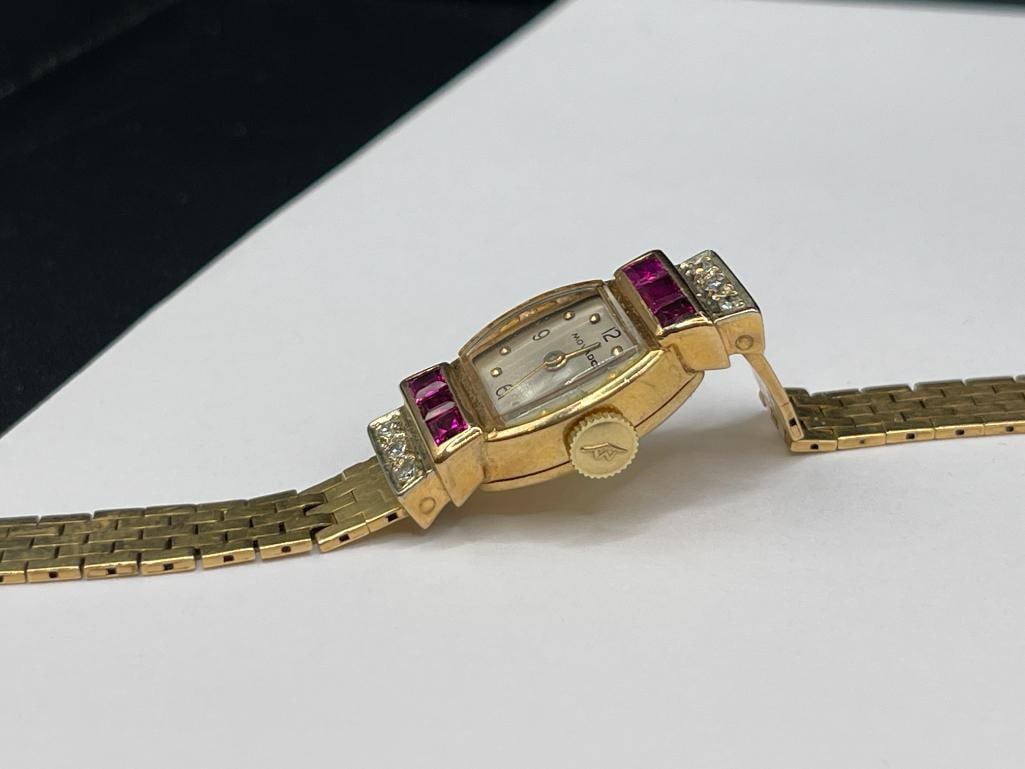 VINTAGE 14K YELLOW GOLD LADIES MOVADO WRISTWATCH FEATURING DIAMONDS AND RUBIES - 4