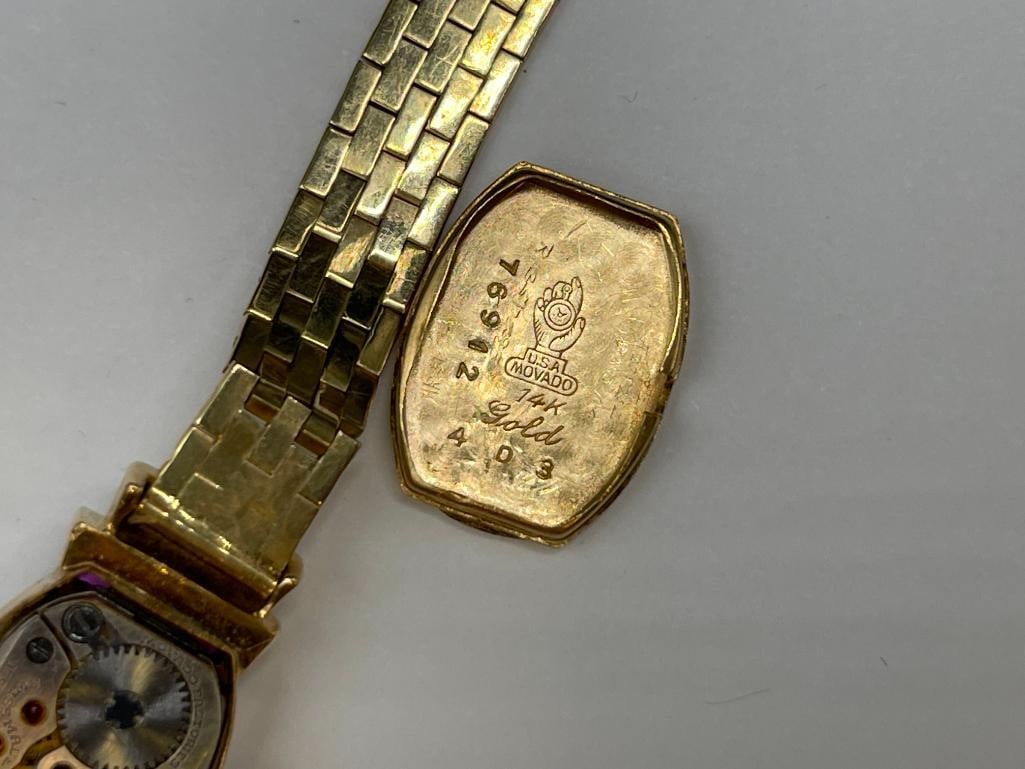 VINTAGE 14K YELLOW GOLD LADIES MOVADO WRISTWATCH FEATURING DIAMONDS AND RUBIES - 7