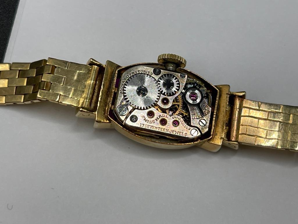 VINTAGE 14K YELLOW GOLD LADIES MOVADO WRISTWATCH FEATURING DIAMONDS AND RUBIES - 8