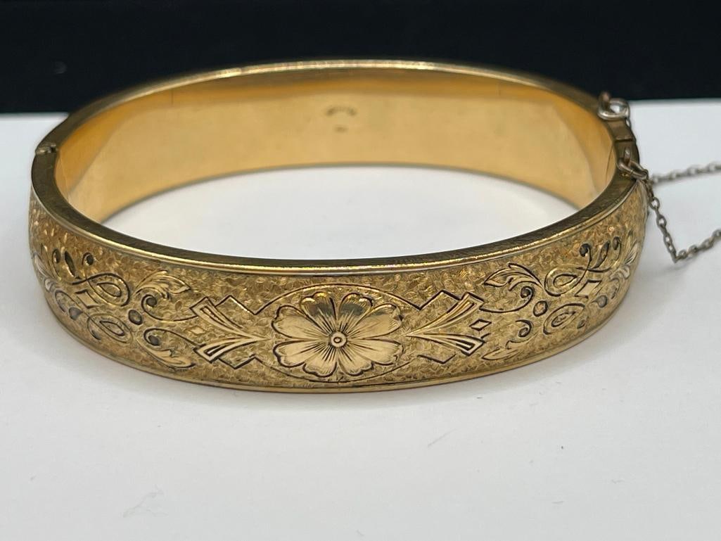 THREE VINTAGE GOLD-FILLED BRACELETS INCLUDING TWO HINGED BRACELETS WITH ETCHED PATTERNS - 2